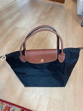 Longchamp Black Nylon Tote with Brown Leather Trim